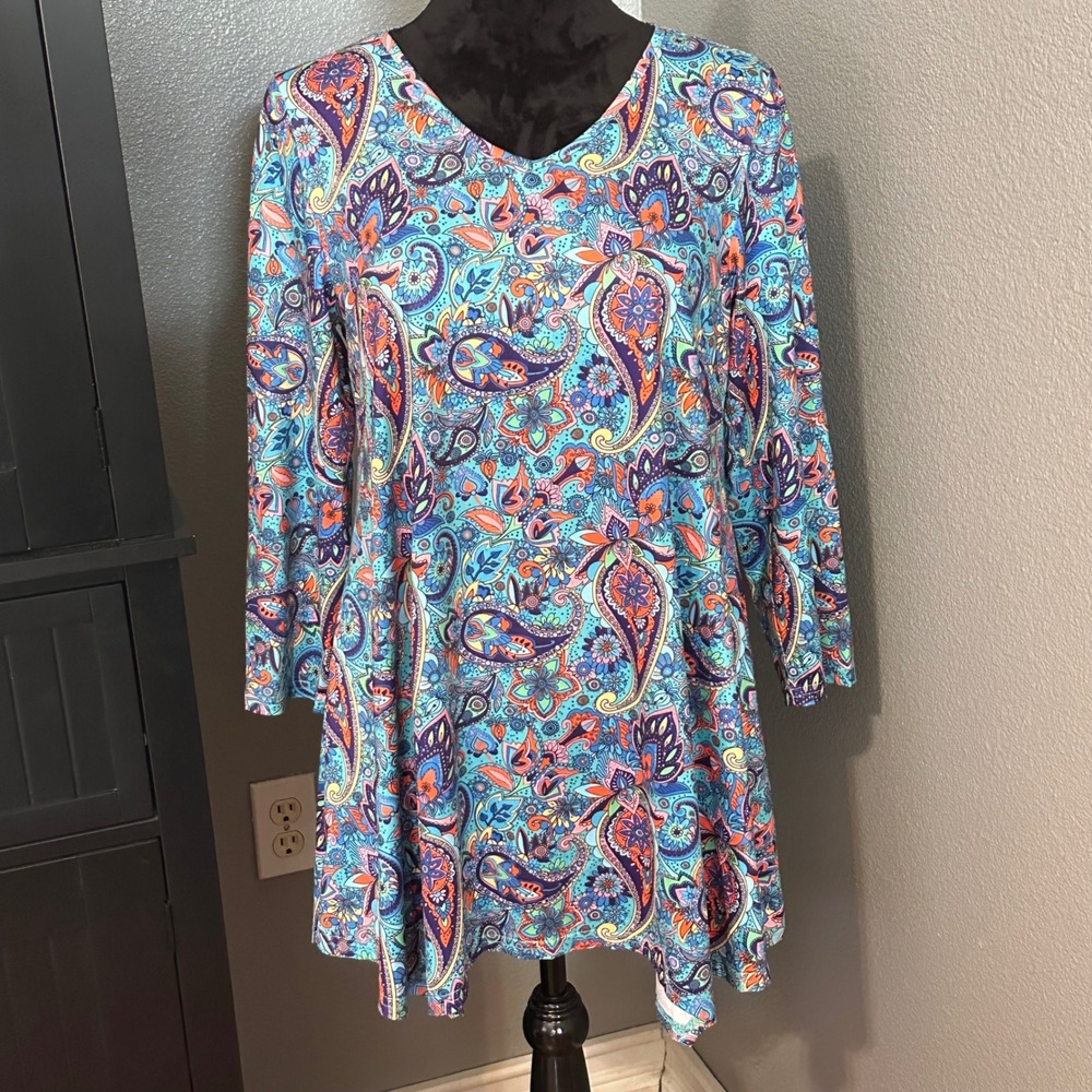 Enmain Paisley Tunic Medium Boho Top Stretch‎ 3/4 Sleeve Colorful Blouse Retro